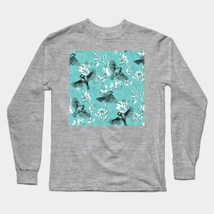 Flowers and Flight in Monochrome Teal Long Sleeve T-Shirt